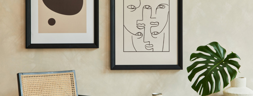 Creative composition of stylish modern living room interior with two mock up poster frames