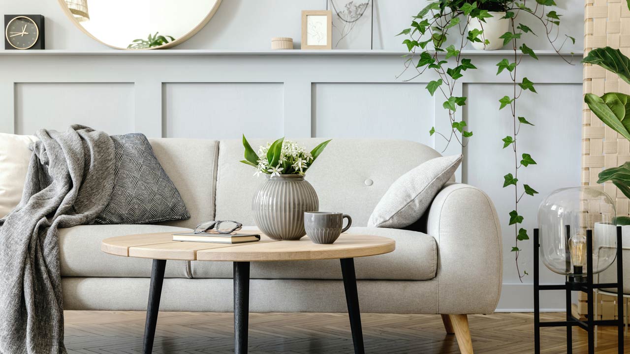 Living room interior with design grey sofa, wooden coffee table, tropical plants, shelf, mirror, furniture, plaid pillow, teapot, book and elegant personal accessories