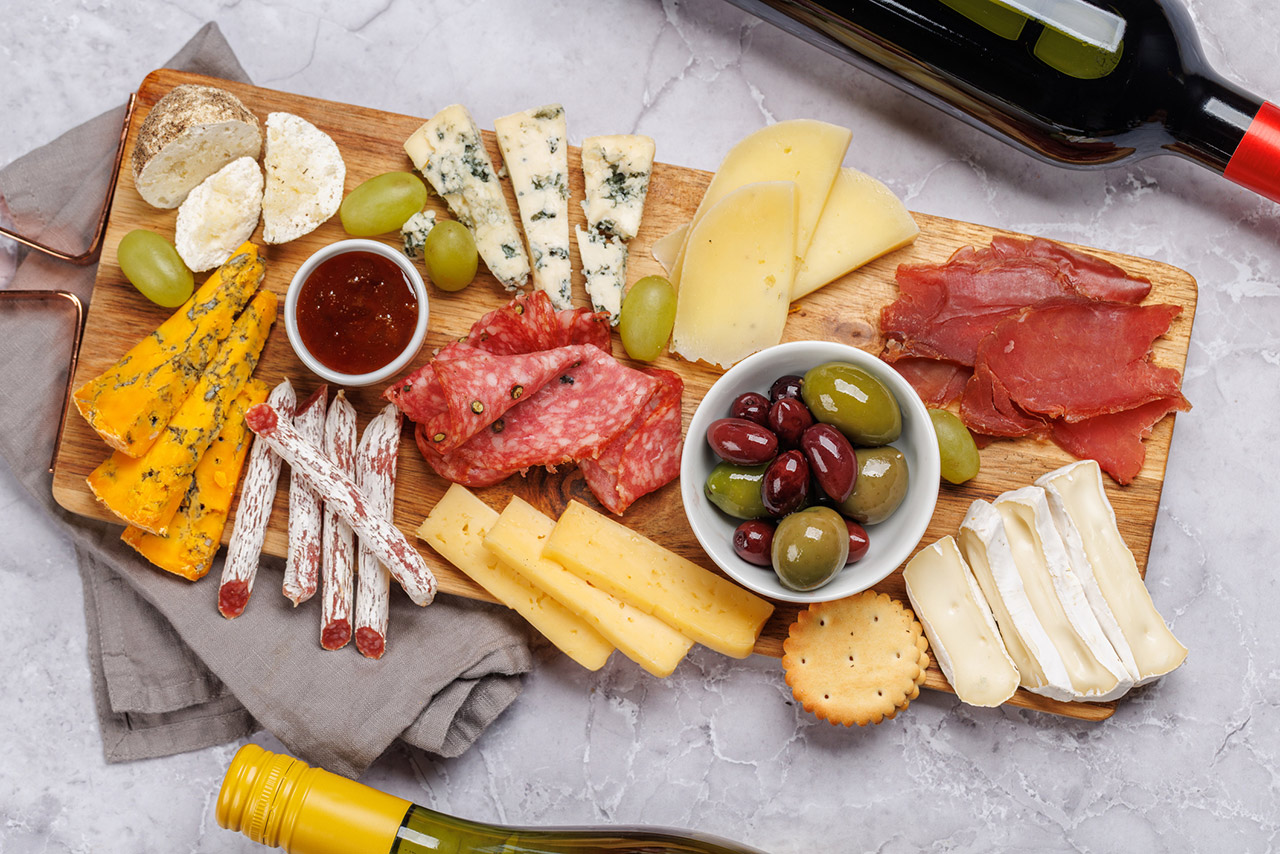 A styled charcuterie or snack board on a dining table