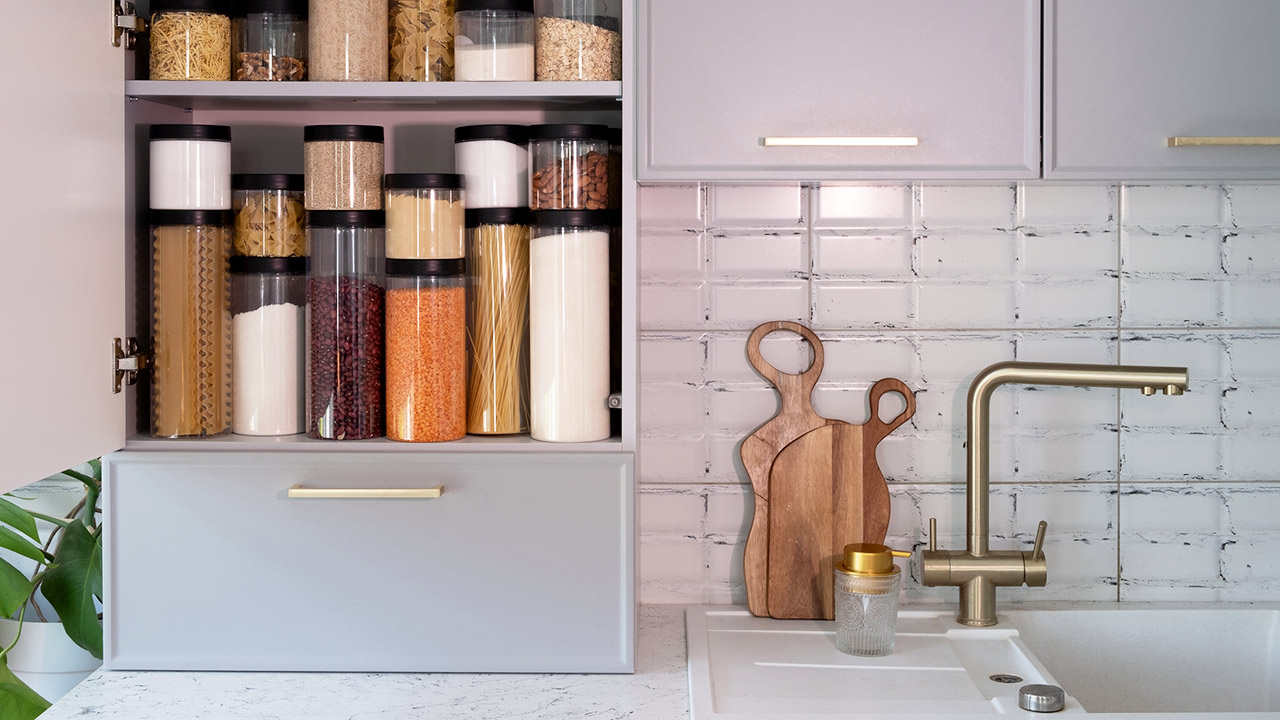 Organized kitchen pantry stock photo
